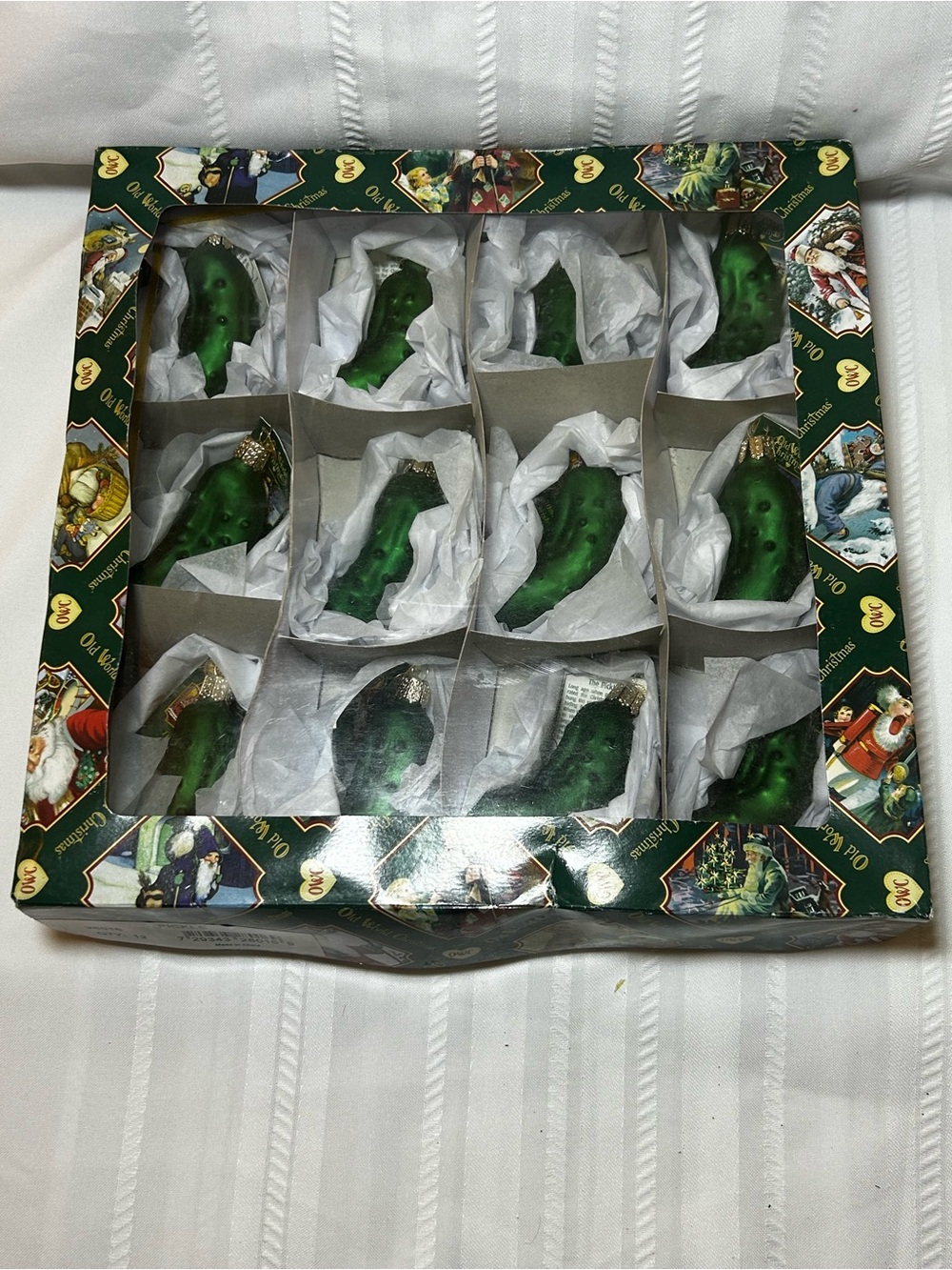 New In Box Old World Christmas Set of 12 Pickle Ornaments Green Gold Holiday